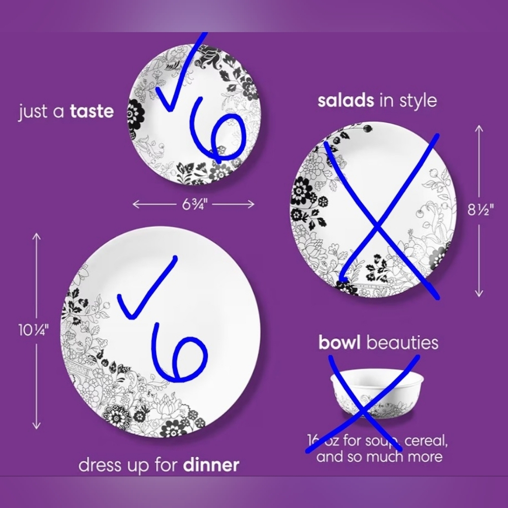 12 Corelle Uptown Garden Plates, 6 Appetizer & 6 Dinner, Black & White Floral - Picture 2 of 15